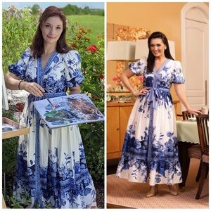 Kimberly Whitman x Antonio Melani Blue White Floral Maxi Dress Tea Dress Size 4